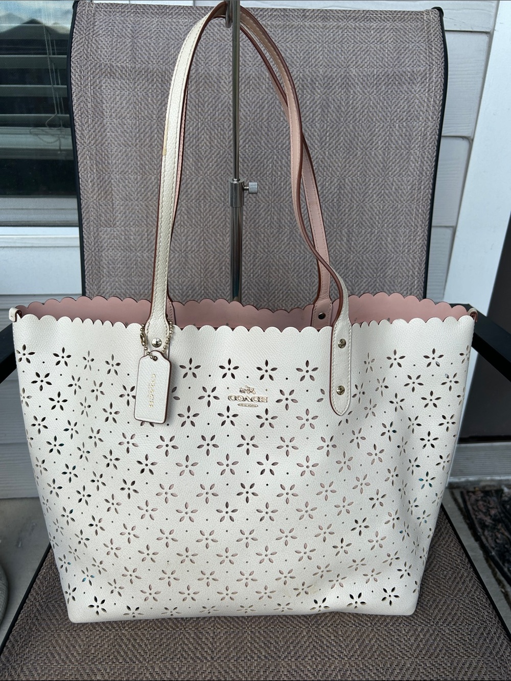 Coach Floral Laser-Cut Tote in Chalk with Blush Trim